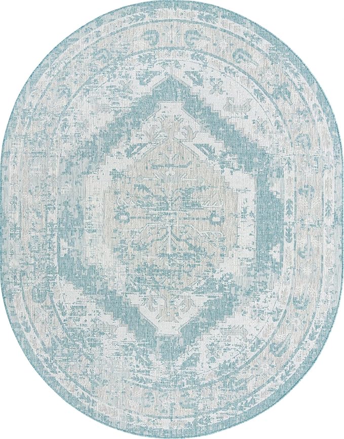 Unique Loom Outdoor Traditional Collection Area Rug - Valeria (7' 10" x 10' Oval, Aqua/ Ivory)