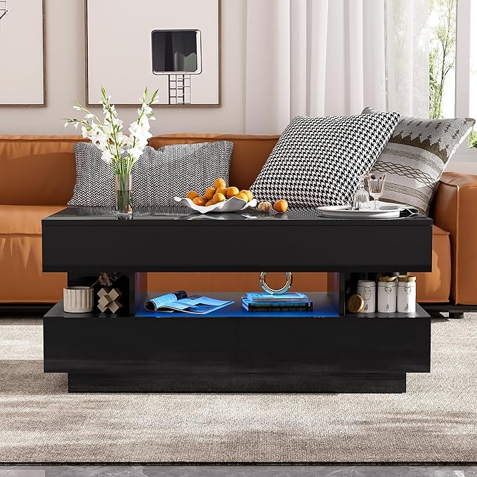 Modern High Gloss LED Coffee Table 39.3-Inch Multi-Functional Lift-Top Center Table with Hidden Storage Space, 2 Drawers for Small Spaces Living Room, Black