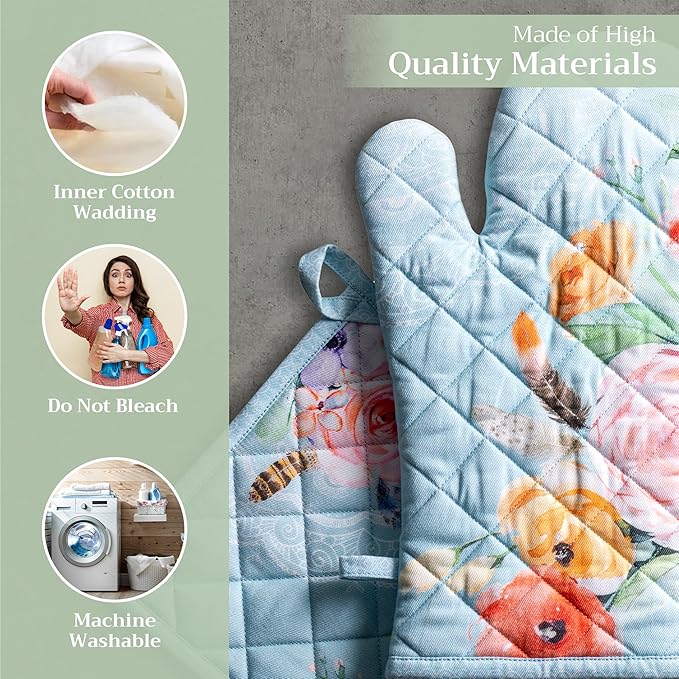 Maison d' Hermine 100% Cotton Oven Mitt & Pot Holder Set (7.5"x13" & 8"x8") Heat Resistant BBQ Cooking Gloves with Loop, Baking, Grilling, Kitchen, Handling Hot Pans Spring/Summer (Ibiza)