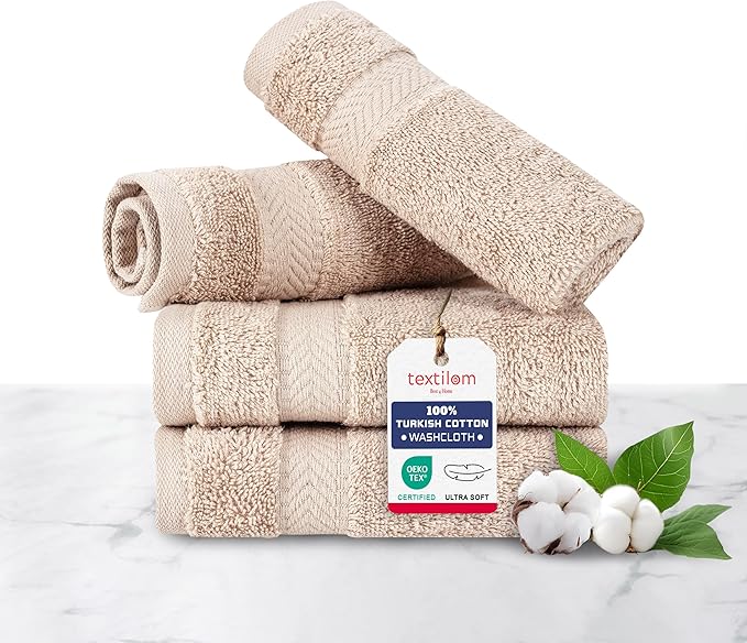 TEXTILOM 100% Turkish Cotton 4 Piece Luxury Washcloth Towel Set for Bathroom & Kitchen, Thick & Super Soft & Highly Absorbent & Quick Dry for Face and Hand- Beige