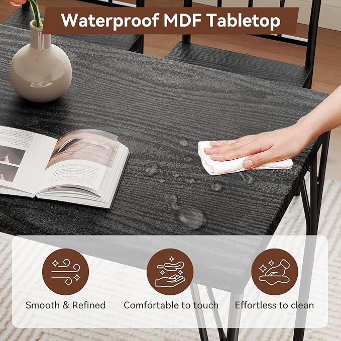 Kitchen Dining Table Set for 4, 5-Piece Kitchen Table Set with 1.6“ Thick Tabletop,Dining Room Table Sets,Kitchen Table Set with 4 Chairs for Small Space, Dinette,Apartment,Retro Black