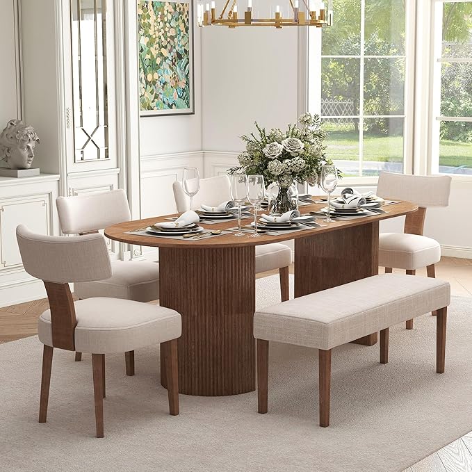 LIVINOVA Farmhouse Upholstered Dining Bench Seat Set of 2, 45" Linen Fabric Entryway Bench with Natural Wood Legs, Mid Century Modern End of Bed Bench for Kitchen Bedroom Living Room Hallway, Beige