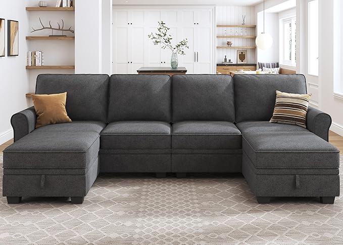 HONBAY Sectional Sofa with Storage Seat U Shaped Couch with Reversible Chaise Convertible Sectional Couches for Living Room,Dark Grey