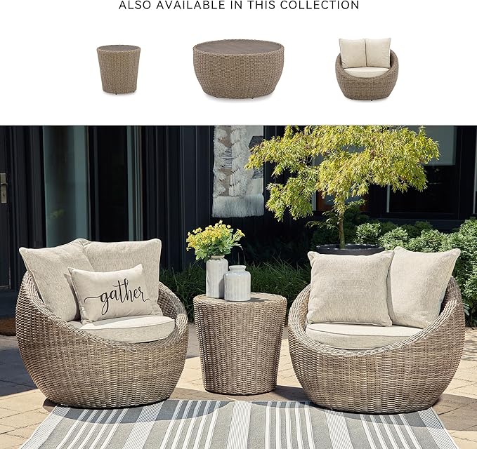 Signature Design by Ashley Danson Outdoor Lounge Chair with Cushion and 360-Degree Swivel, Set of 2, UV-Resistant Performance Fabric and Resin Wicker, Light Brown