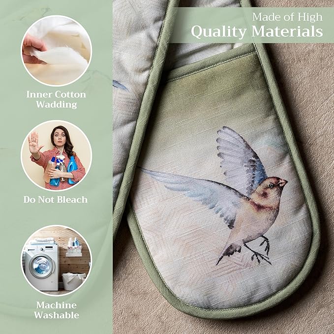 Maison d' Hermine Double Oven Mitts 100% Cotton 7"x35" Double Oven Mitt Heat Resistant BBQ Cooking Gloves with Loop, Baking, Grilling, Home, Kitchen, Handling Hot Pans Spring Summer (Flying Birds)