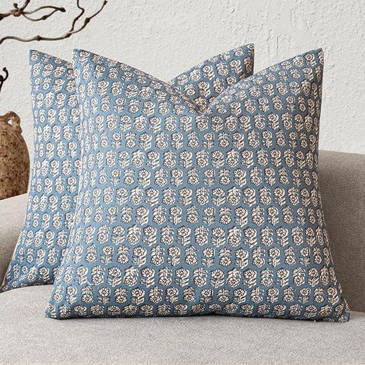 Foindtower Set of 2 Decorative Neutral Floral Print Throw Pillow Covers Vintage Accent Farmhouse Cushion Covers Boho Home Decor for Sofa Chair Couch Bedroom Living Room Outdoor,18×18 Inch,Dusty Blue