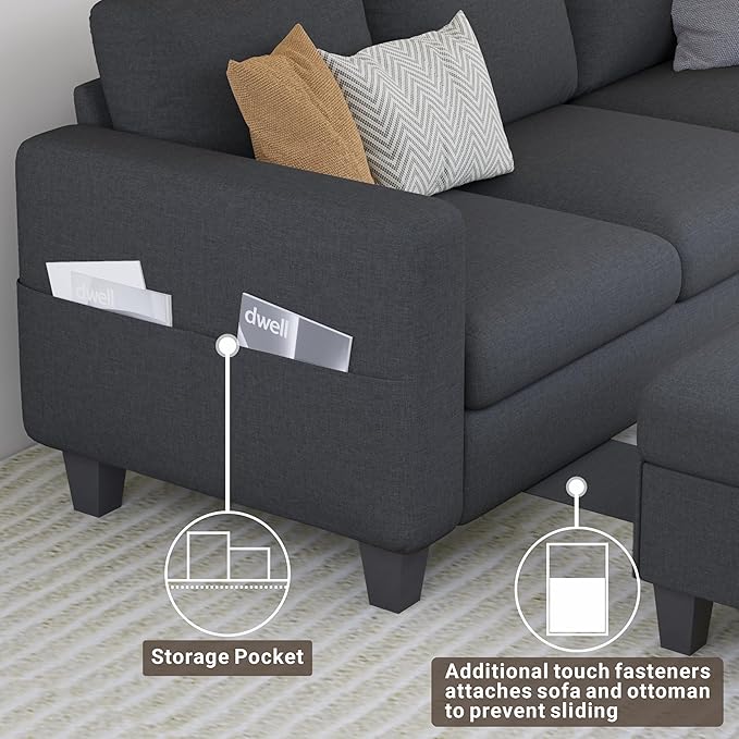 Sectional Sofa Couches for Living Room - 78'' Dark Gray 3 Seat L-Shaped Couch with Storage Ottoman, Modern Linen Convertible Sectionals Sofas with Chaise for Apartment, Office, Small Space