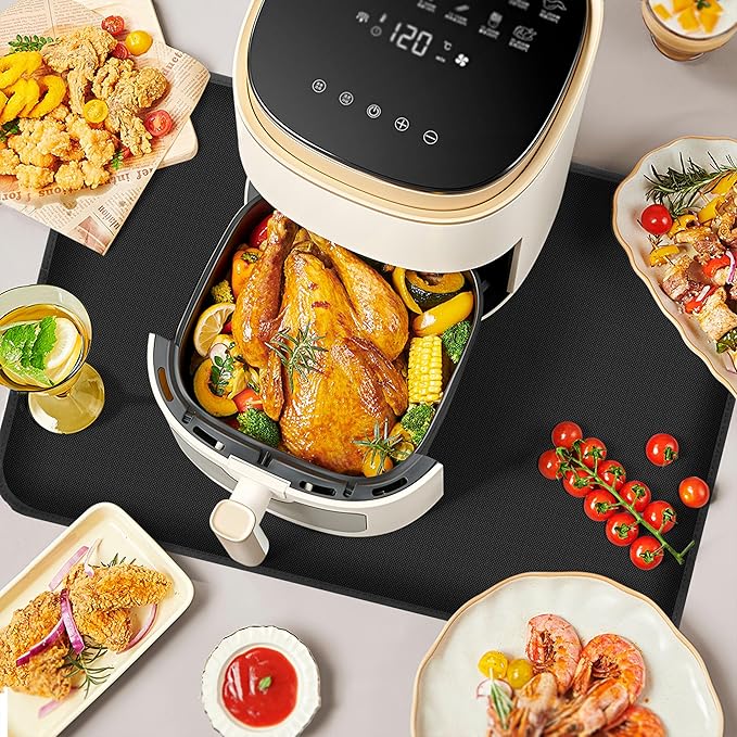 Heat Resistant Mat for Air Fryer Site - 23.6 x 15.7in, Fireproof Silicone Mats for Kitchen Counter, Countertop Protector, Non-slip & Waterproof for Deep Fryer, Oven, Coffee machine (Black)