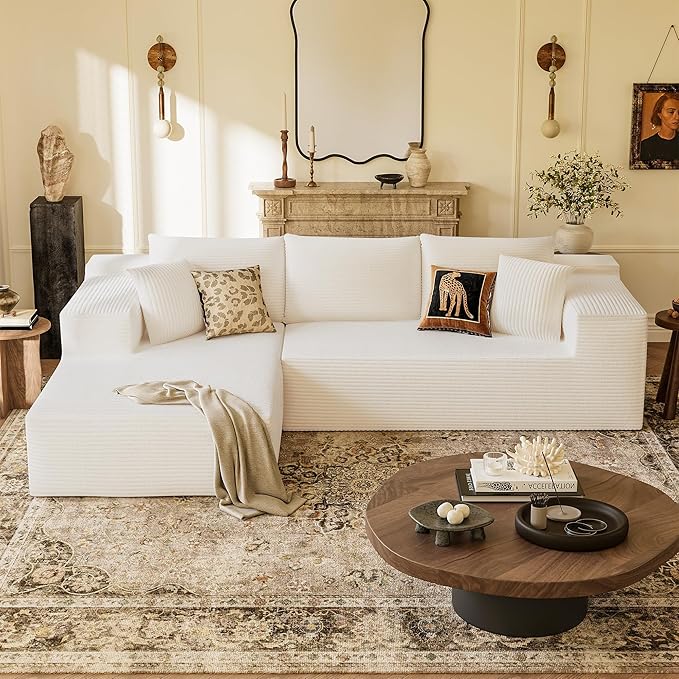 YESHOMY Sectional Couch, 108" Boneless Couches for Living Room, Modular Sectional Sofa with Deep Seat, Cloud Comfy Couch with L-Shape Chaise, No Assembly Required (Corduroy, Cream)