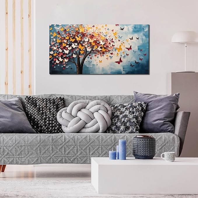 Butterfly Tree Canvas Wall Art for Living Room Bedroom Home Office Blue Colorful Tree of Life Wall Art Modern Large Framed Canvas Prints Size 20x40