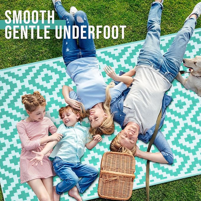 OLANLY Waterproof Outdoor Rug 5x8 ft, Outdoor Plastic Straw Rug for Camping, RV Mat Outside, Outdoor Carpet for Porch, Deck, Backyard, Balcony, Picnic, Turquoise & White