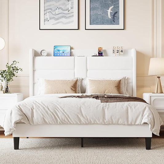 SHA CERLIN Queen Size Bed Frame with Charging Station & Storage Headboard, Velvet Platform Bed with Upholstered Modern Wingback Design, Wooden Slats Support, No Box Spring Needed, Easy Assembly, White
