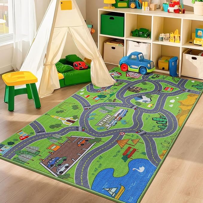 BEQHAUSE Kids Play Mat, Green City Map Race Track Children Rugs Great for Playing with Cars, 32”x60” Play Area Rug Road Rugs for Kids Bedroom, Toddler Classroom and Baby Playroom