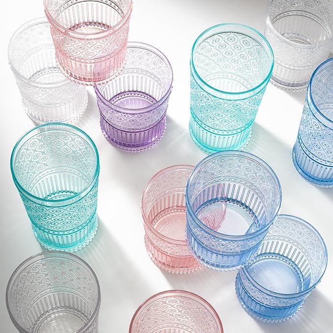 Godinger Highball Drinking Glasses, Acrylic Drinking Glasses Set, Elegant Tall Plastic Cups, Vintage Romantic Decor - Set of 4, Blush