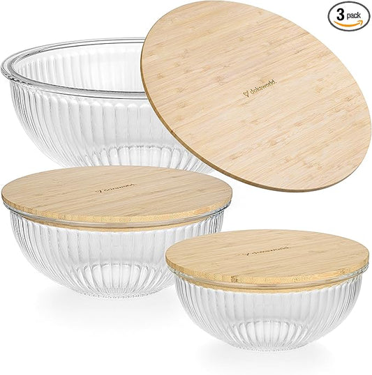 Stackable Space-Saving Nesting Set of 3 Glass Bowls with Bamboo Lids for Foodprep, Storage, Mixing & Cooking - Microwave & Oven Safe BPA Free Durable Heat Resistant Inert Borosilicate Glass