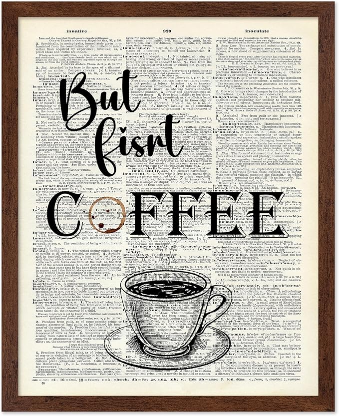 Poster Master Dictionary Art Poster - But First Coffee Print - Cafe Art - Gift for Men, Women, Coffee Lovers & Barista - Funny Decor for Kitchen, Restaurant or Dining Room, 11x14 Brown Framed
