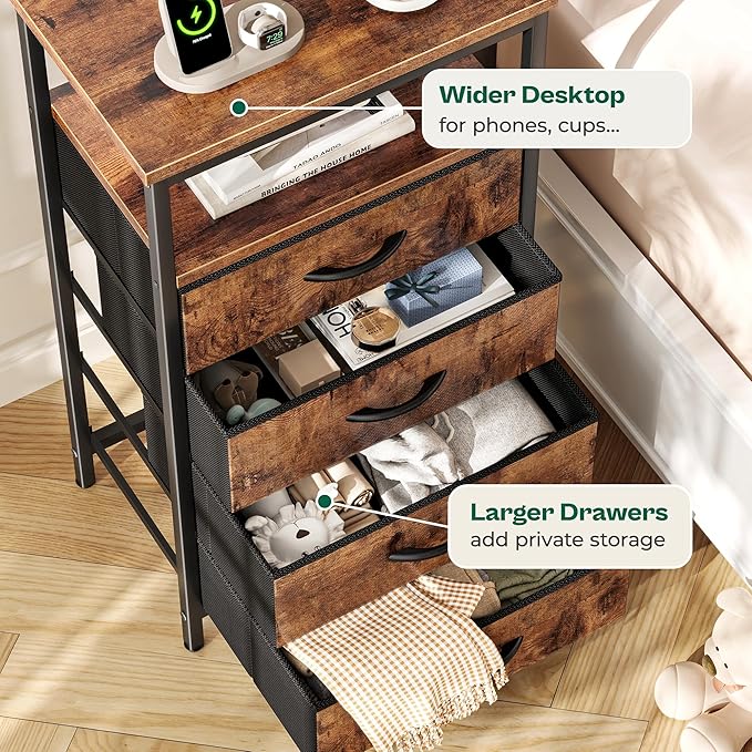 Huuger Night Stand with Charger Station and LED Lights, 4 Drawer Nightstand, Bed Side Table with Open Shelf, End Table, Fabric Dresser for Bedroom, Rustic Brown
