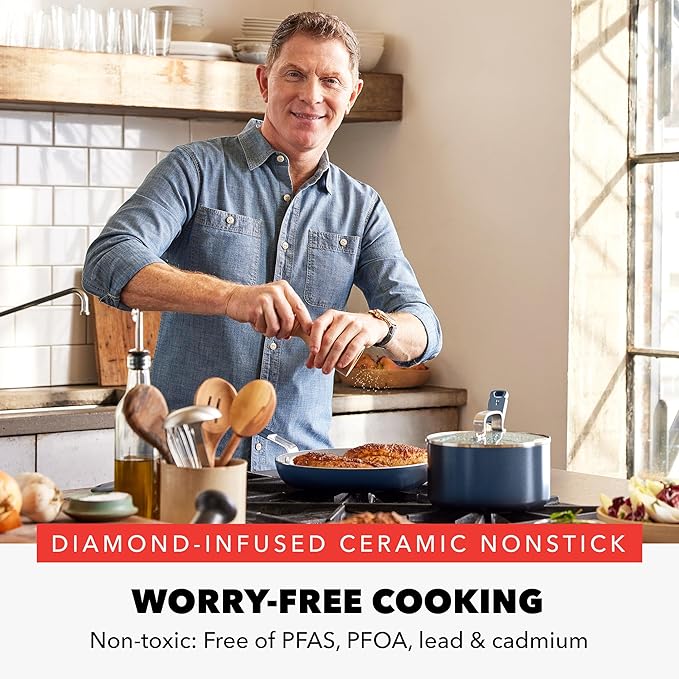 GreenPan x Bobby Flay 8" Nonstick Frying Pan Skillet, PFAS-Free Diamond Ceramic, Induction Suitable, Stay-Cool Silicone Handle, Easy Clean Dishwasher & Oven Safe, Egg & Omelet Pan, Oxford Blue