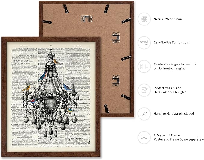 Poster Master Dictionary Art Poster - Antique Chandelier Print - Bird Art - Baroque Art - Gift for Men & Women - Chic Decor for Living Room, Dining Room, Bedroom or Kitchen, 16x20 Brown Framed