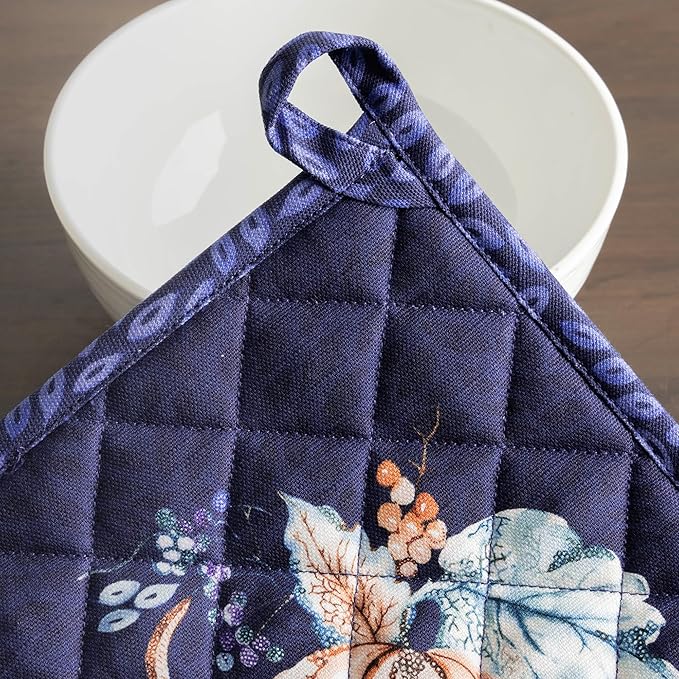 Maison d' Hermine Pot Holders Set 100% Cotton Heat Resistant Potholders 8" x 8" Hot Pads with Loop for Thanksgiving Christmas Decorations BBQ Baking Handling Hot Pans (Pack of 2, Pumpkin Blues)