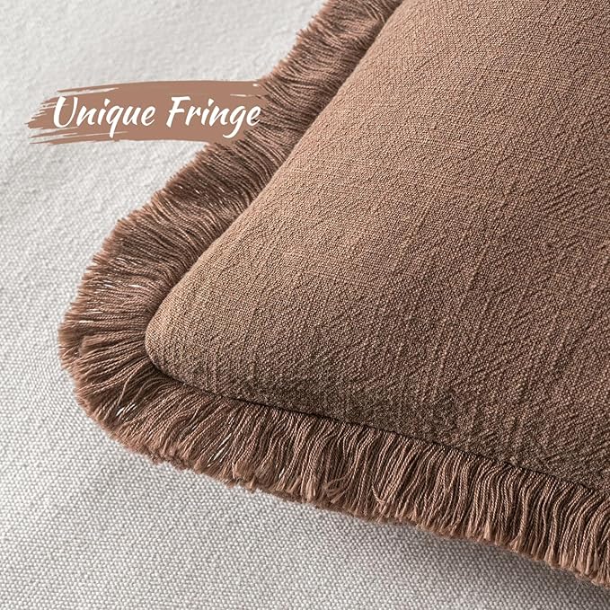 MIULEE Decorative Throw Pillow Covers Neutral Linen Fringe Throw Pillows Euro Shams Set of 2 Dark Coffee Boho Farmhouse Cushion Covers for Couch Sofa Bed Living Room Spring Home Decor 22x22 Inch