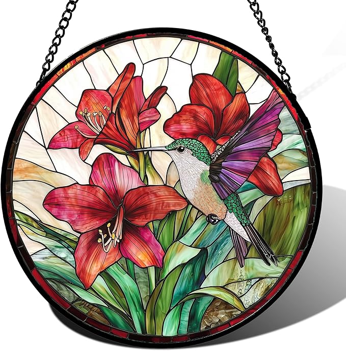 Stained Glass Window Hanging - Hummingbird On Red Lily Flower Sun Catcher for Door Garden Decor Suncatcher Christmas Mother's Day Birthday Gifts for Bird Lovers Women Men Mom Nana 9.8 in