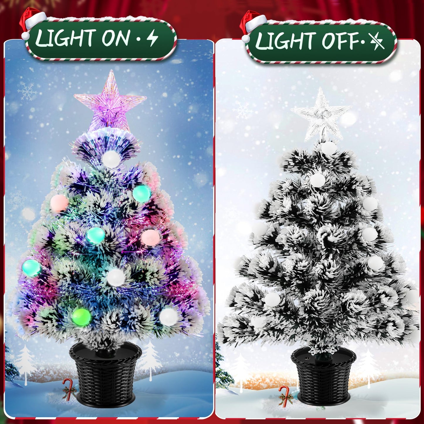 22inch Small Mini Fiber Optic Christmas Tree,Pre-lit Tabletop Artificial Xmas Trees with Balls,RGB Lights,Treetop, Battery/USB Powered White Tiny Fake Xmas Tree Decorations for Desktop,Holiday