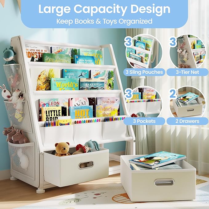 Kids Bookshelf and Toy Storage: Sling Book Shelf for Kids Room with 2 Storage Bins to Books and Toys Organizer, 3-Tier Toddler Bookshelf with 3 Side Pockets for Nursery, Bedroom, Playroom