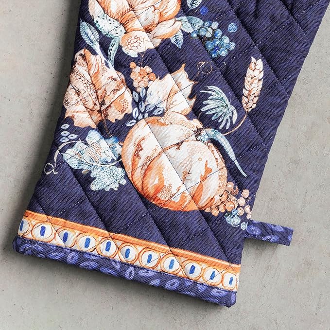 Maison d' Hermine Oven Gloves 100% Cotton Oven Mitt 7" x 13" with Loop Heat Resistant BBQ Cooking Gloves for Thanksgiving Christmas Decorations Baking Handling Hot Pans (Pack of 1, Pumpkin Blues)