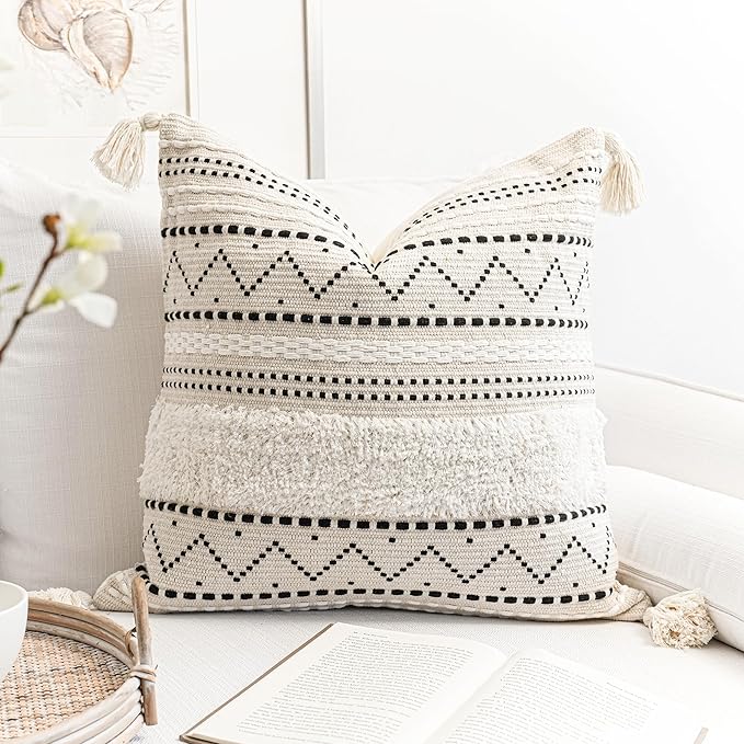 Decorative Throw Pillow Cover 18X18 Square Boho Black Neutral White Accent Pillowcase Tassels Farmhouse Cushion for Couch Sofa Bedroom Living Room Home Décor (Cover ONLY, Pack of 1)