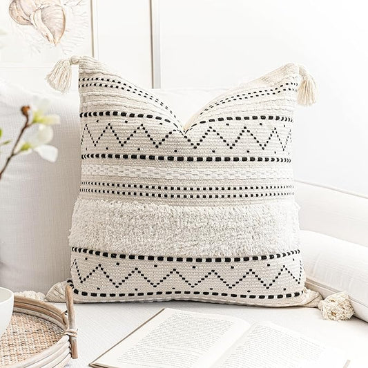 Decorative Throw Pillow Cover 18X18 Square Boho Black Neutral White Accent Pillowcase Tassels Farmhouse Cushion for Couch Sofa Bedroom Living Room Home Décor (Cover ONLY, Pack of 1)