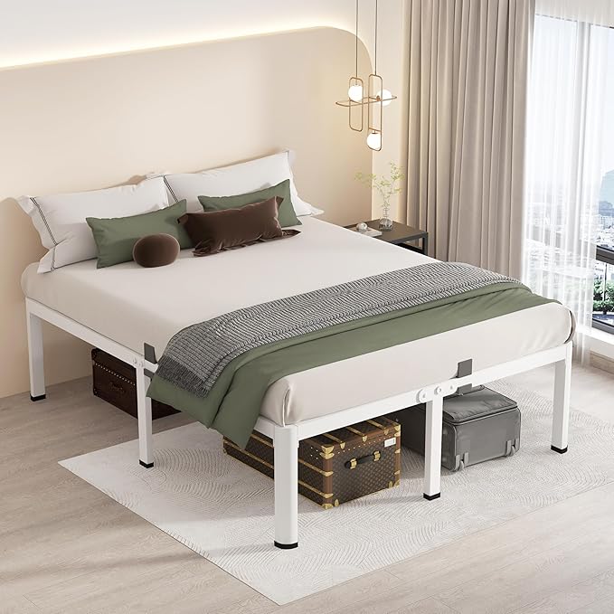 MAF 18 Inch King Size Bed Frame White with Round Corner Legs Mattress Slide Stopper No Box Spring Needed Heavy Duty Metal Platform Bed Frames Under-Bed Storage Space, 3000 LBS Steel Slats Support