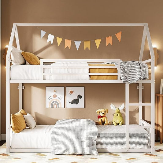 LIKIMIO Bunk Bed Twin Over Twin, House Bunk Bed Frame with Ladder and Guardrail, House Shaped with Metal Slats for Dormitory and Bedroom, Space Saving, No Box Spring Needed, White