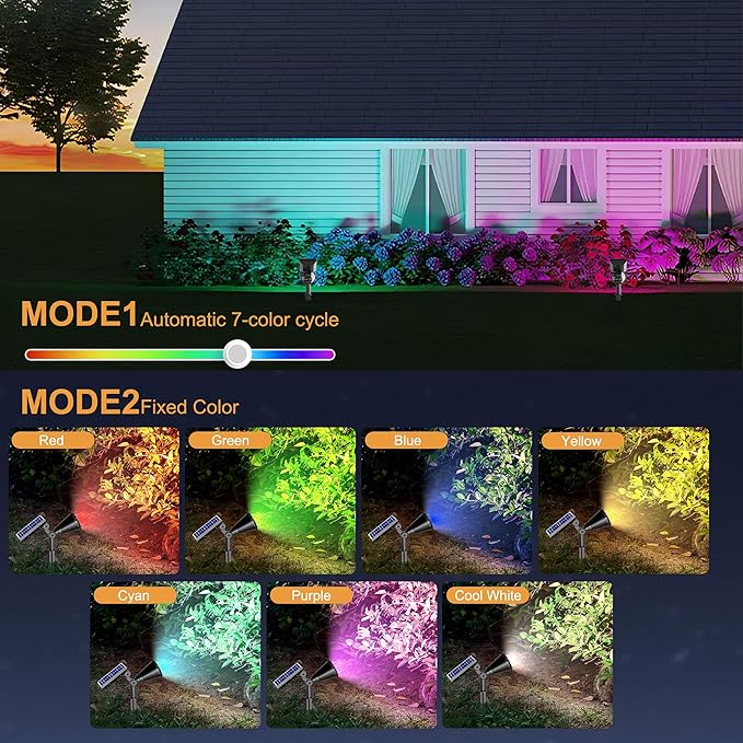 Solar Color Changing Lights, 2 Modes Solar Spotlights Outdoor Waterproof Ip65, Outdoor Lights for Outside Yard Garden Landscape Pathway Tree Decorations- 2 Pack (Multicolor)