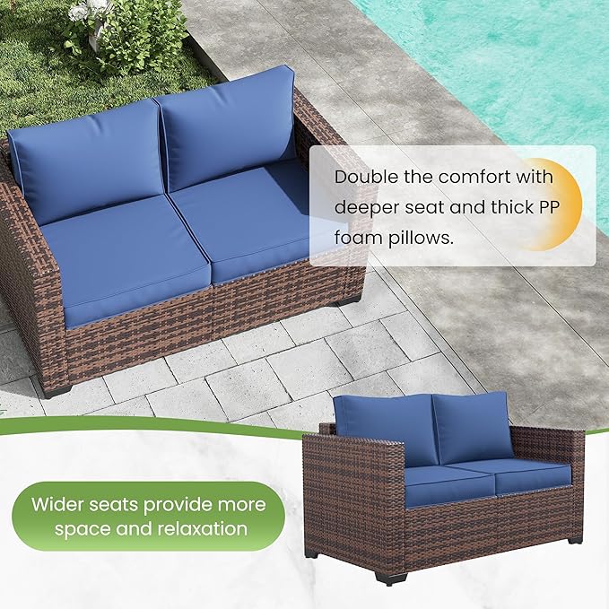Amopatio Patio Loveseat, Outdoor Furniture 2-Seat Wicker Porch Furniture Outdoor Couch Sofa with Water-Resistant Cover & Non-Slip Cushions, Premium Patio Set, Blue