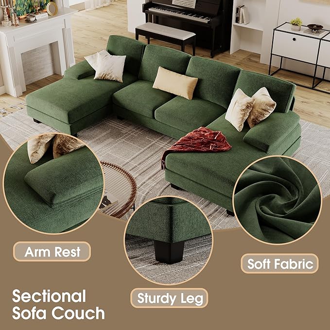 Furmax Sectional Couches for Living Room, U-Shaped Sofa Couch with Linen Fabric, 4 Seat Sofa Set with Double Chaise for Apartment (Fabric, Green)