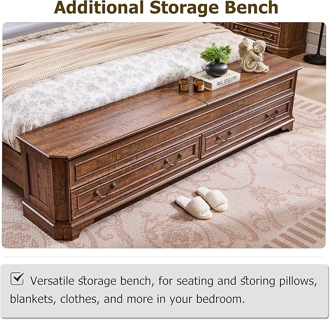 T4TREAM Farmhouse Queen Bed with Headboard and Storage Bench, Rustic Wood Platform Bed with 64" Storage Chest w/ 4 Large Drawer, Dark Brown