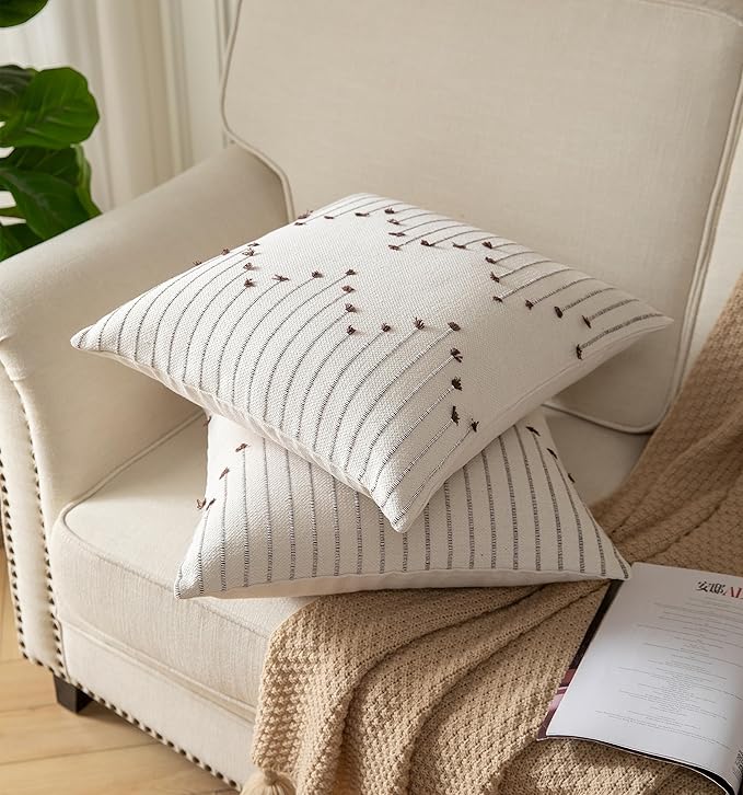 Boho Throw Pillow Covers 18x18 Set of 2 Decorative Pillows for Bed, Neutral Pillow Covers Beige with Coffee Line Throw Pillows for Modern Farmhouse Couch Sofa Living Room Outdoor