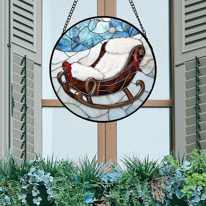 Stained Glass Window Hanging 4 Pcs Set Blue White Christmas Snowman Snowflake Large 15" - Suncatcher Door Garden Sun Catcher Decor Birthday Mother's Day Xmas Gifts for Mom Woman Nana Men