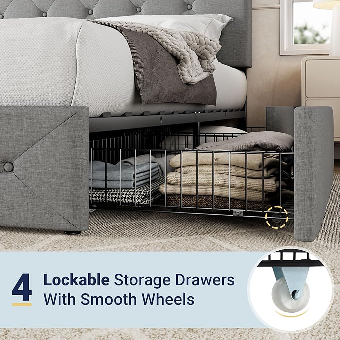 Allewie Upholstered Full Size Platform Bed Frame with 4 Storage Drawers and Headboard, Diamond Stitched Button Tufted, Mattress Foundation with Wooden Slats Support, No Box Spring Needed, Light Grey