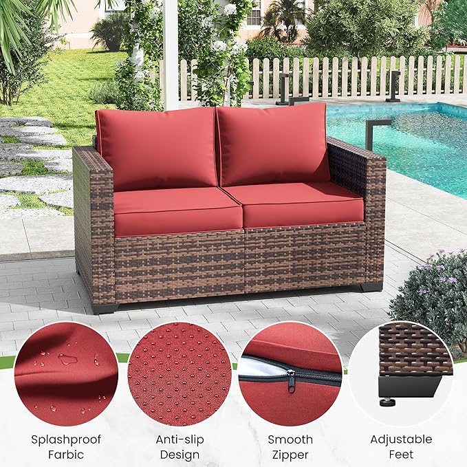 Amopatio Patio Loveseat, Outdoor Furniture 2-Seat Wicker Porch Furniture Outdoor Couch Sofa with Water-Resistant Cover & Non-Slip Cushions, Premium Patio Set,Burgundy
