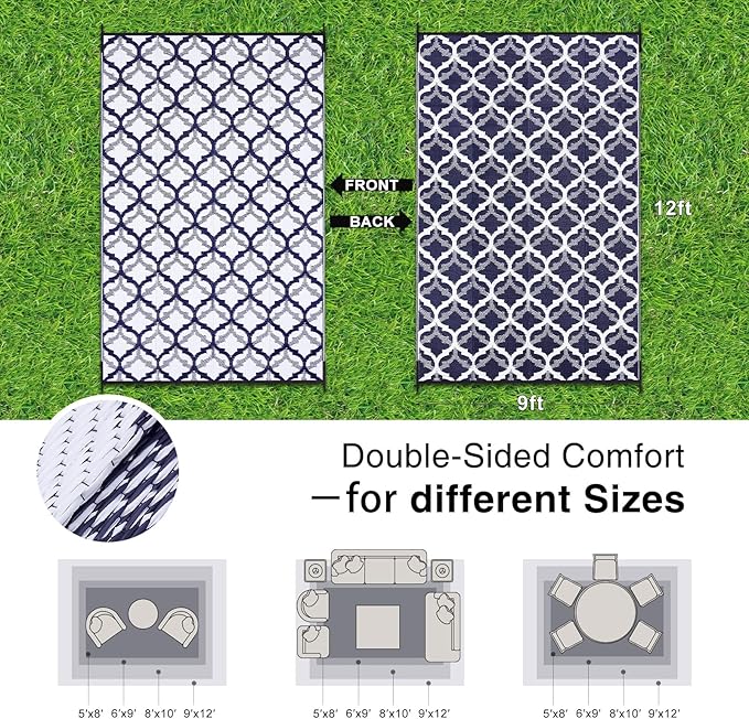 OLANLY Reversible Outdoor Rug 9x12 ft Clearance, Waterproof Outdoor Plastic Straw Rug with Interlacing Pattern, RV Mat for Patio, Camping, Balcony, Deck, Backyard, Navy & White
