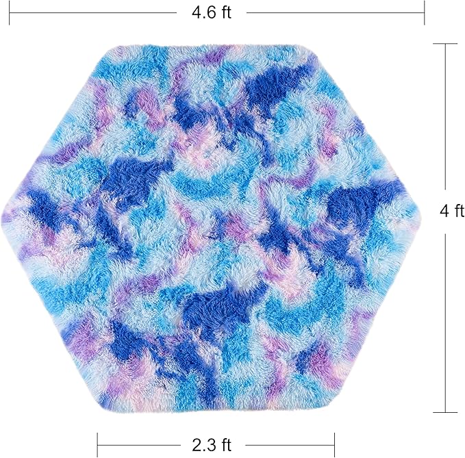 junovo Ultra Soft Hexagon Rug Fluffy Rainbow Nursery Rug for Princess Tent Kids Play Castle, Furry Hexagonal Carpet for Kids Girls Room Playhouse Classroom Dorm Home Decor, 4.6ft Tie-Dye Blue-Purple