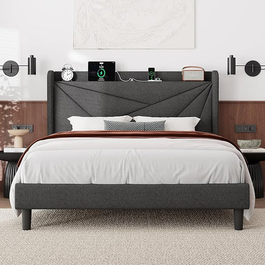 Feonase Queen Bed Frame with Charging Station, Linen Upholstered Platform Bedframe with Wingback Headboard, Solid Wood Slats Support, Noise Free, No Box Spring Needed, Charcoal Grey