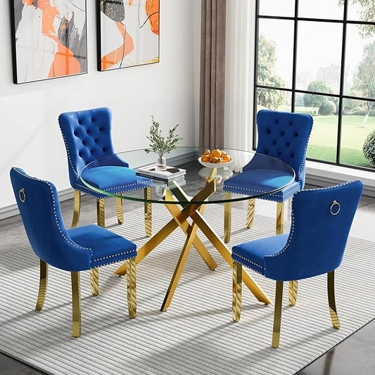 Goujxcy 5 Piece Round Glass Dining Table Set for 4, 47" Round Dining Table & Chair Set Modern Circle Glass Kitchen Table and 4 Velvet Upholstered Chairs for Kitchen Dining (Gold Table & Blue Chair)