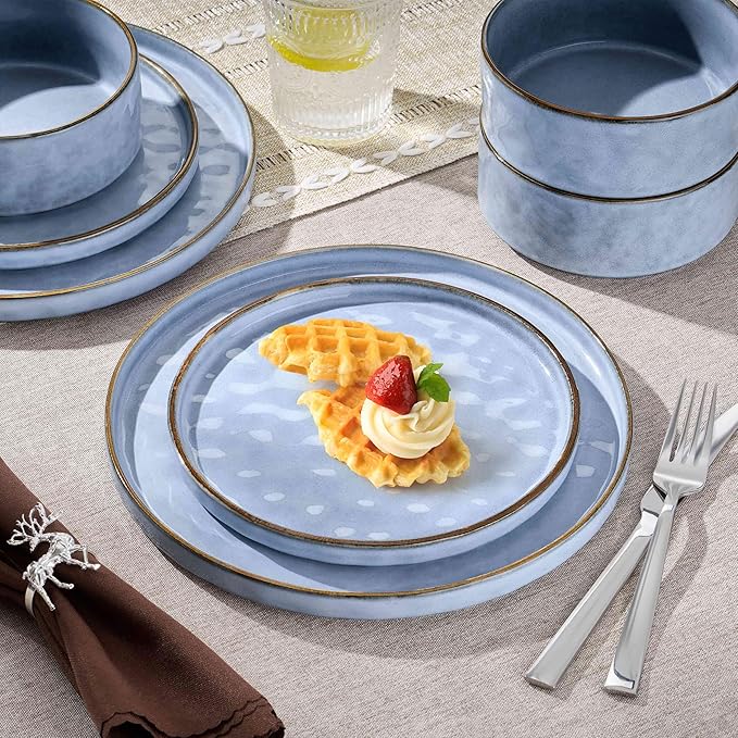 Herogo Dinnerware Sets for 8, 24 Pieces Ceramic Dishware for Kitchen Dinning, Stoneware Plates and Bowls Sets, Dishwasher & Microwave Safe, Haze Blue
