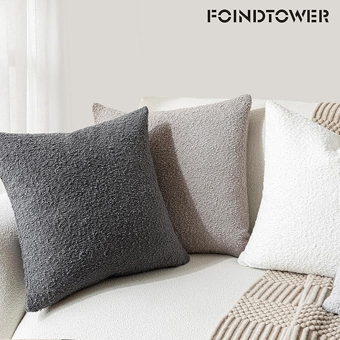 Foindtower Pack of 2 Textured Boucle Throw Pillow Covers Accent Solid Decorative Pillow Cases Cozy Woven Couch Cushion Case for Sofa Bedroom Living Room Home Decor, 18 x 18 Inch,Neutral Grey