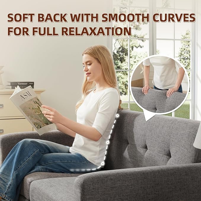 Tbfit 65" W Loveseat Sofa, Mid Century Modern Love Seat Couches for Living Room, Button Tufted Upholstered Small Couch for Bedroom, Solid and Easy to Install Love Seats Furniture, Grey