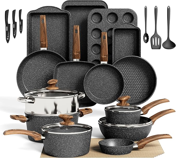 30 Piece Pots and Pans Set Non Stick, Granite Induction Cookware Sets, Nonstick Kitchen Cookware Sets, Non Toxic Cookware Set with Frying Pans and Saucepan, Kitchen Pots and Pans Set, Black
