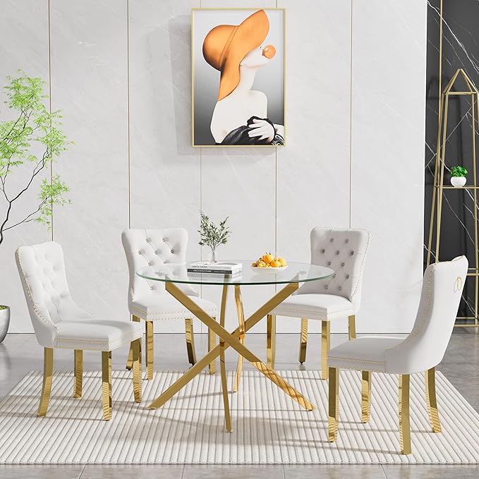 Goujxcy Small Round Dining Table Set for 4, Modern Glass Kitchen Table Chairs Set of 4, 5-Piece Dining Table Set w/36 Circle Gold Glass Dining Room Table and 4 Beige Upholstered Dining Chairs
